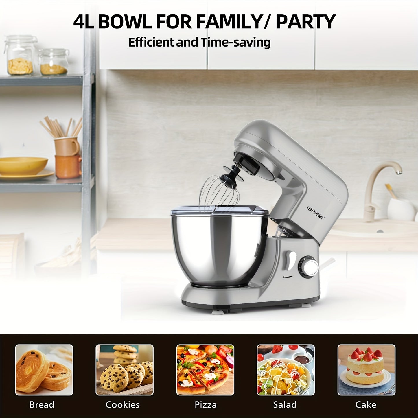 CHEFTRONIC Stand Mixer, 5L Tilt-Head Electric Household Stand Mixer - 1300W 6+P Speed, Multi-functional Kitchen Stand Up Mixer With Dough Hook, Whisk, Food Beater And Butter Beater