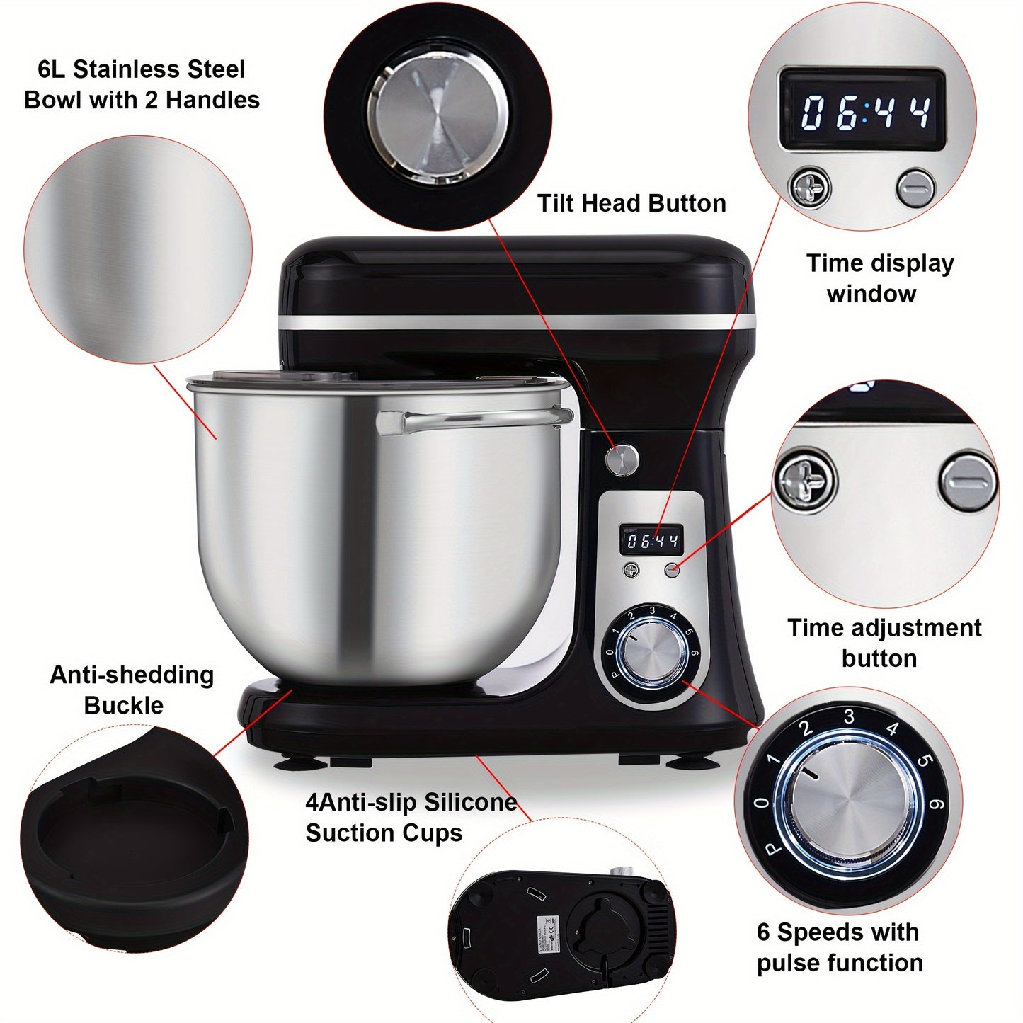 BioloMix 6 Speeds Kitchen Food Mixer, 6L Stand Mixer Stainless Steel Bowl, Cream Egg Mixer, Cake Dough Kneading Machine Bread Maker And Noodle Maker EU Plug, Black