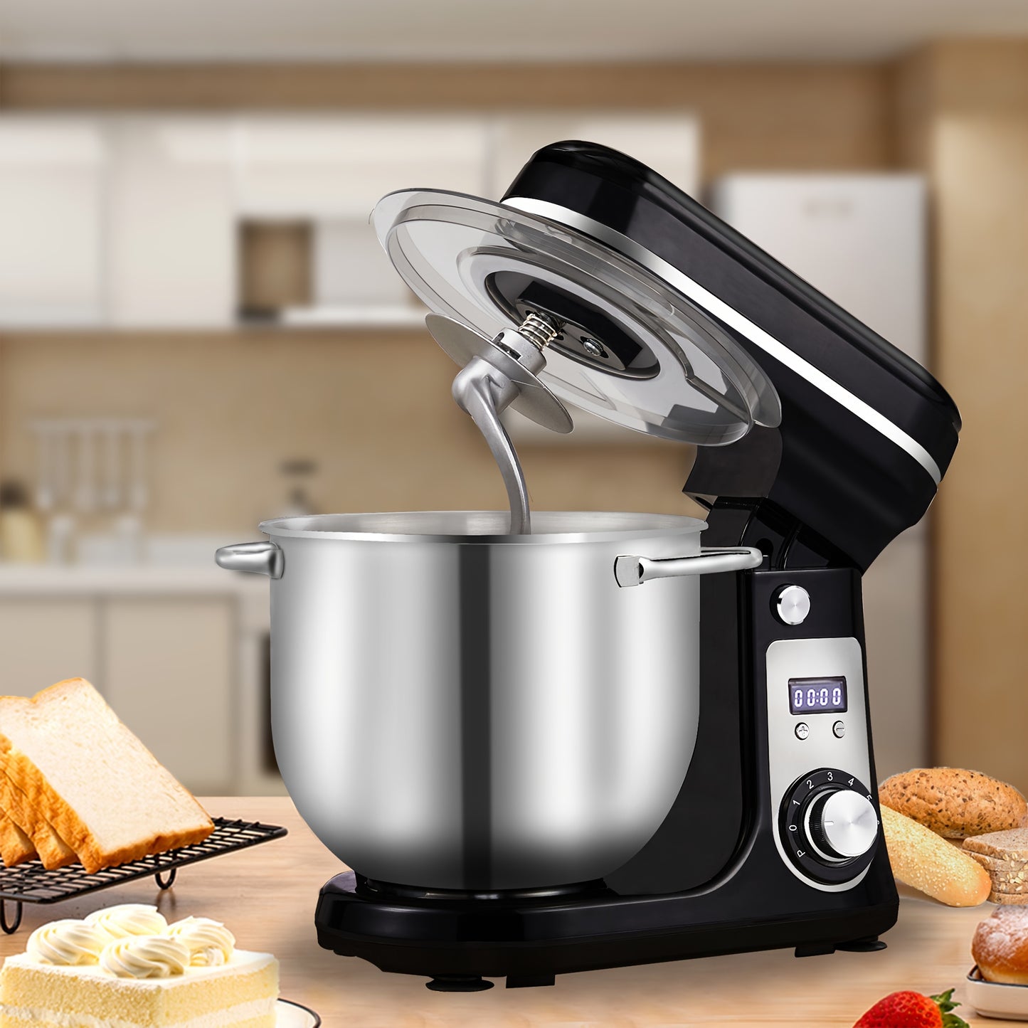 BioloMix 6 Speeds Kitchen Food Mixer, 6L Stand Mixer Stainless Steel Bowl, Cream Egg Mixer, Cake Dough Kneading Machine Bread Maker And Noodle Maker EU Plug, Black