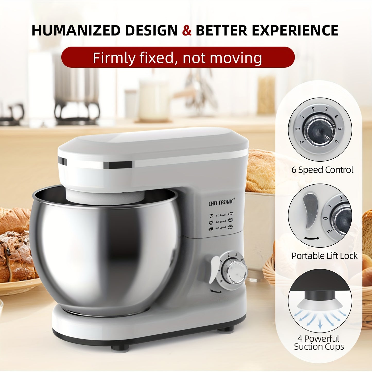 Powerful 1200W Electric Stand Mixer With 4.2L Stainless Steel Bowl, With 6-Speed Tilt-Head Food Mixer, Kitchen Electric Mixer With Dough Hook, Beater