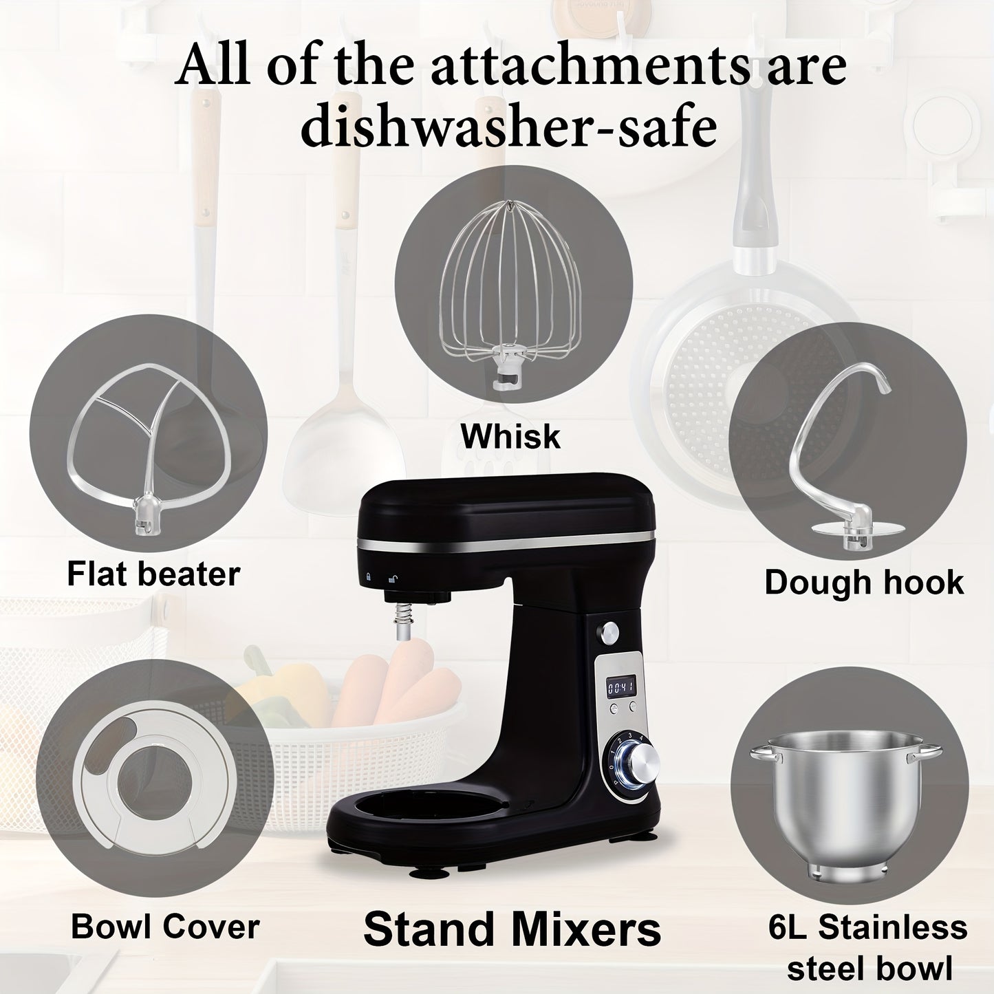 BioloMix 6 Speeds Kitchen Food Mixer, 6L Stand Mixer Stainless Steel Bowl, Cream Egg Mixer, Cake Dough Kneading Machine Bread Maker And Noodle Maker EU Plug, Black