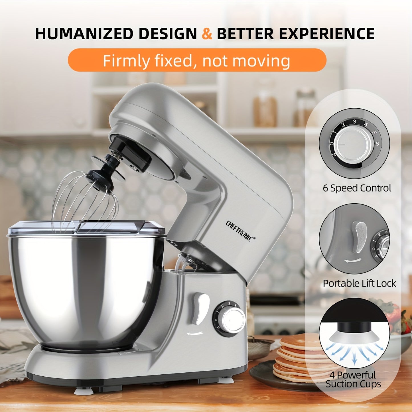 CHEFTRONIC Stand Mixer, 5L Tilt-Head Electric Household Stand Mixer - 1300W 6+P Speed, Multi-functional Kitchen Stand Up Mixer With Dough Hook, Whisk, Food Beater And Butter Beater