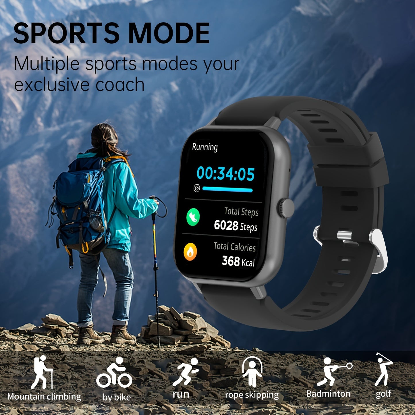 Smartwatch With 4.65cm Full Touch Screen, Text & Call Functions, 100+ Sports Modes, Pedometer, Calorie Counter, Waterproof, Compatible With Android & IOS