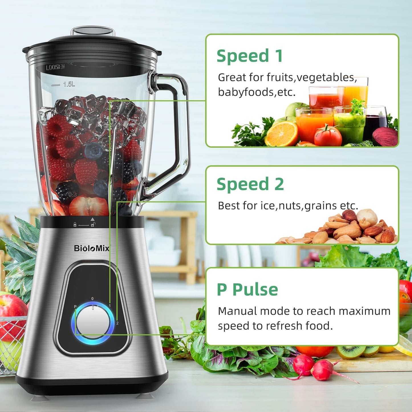 BioloMix 1300W Smoothie Blender with 1.5L Glass Jar, Personal Blenders Combo for Frozen Fruit Drinks, Sauces