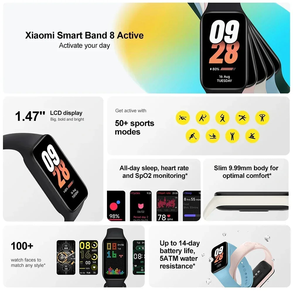 Global Version Xiaomi Smart Band 8 Active 1.47" Display 5ATM Waterproof 50+ Sport Modes Heart Rate Monitor Color LCD Display