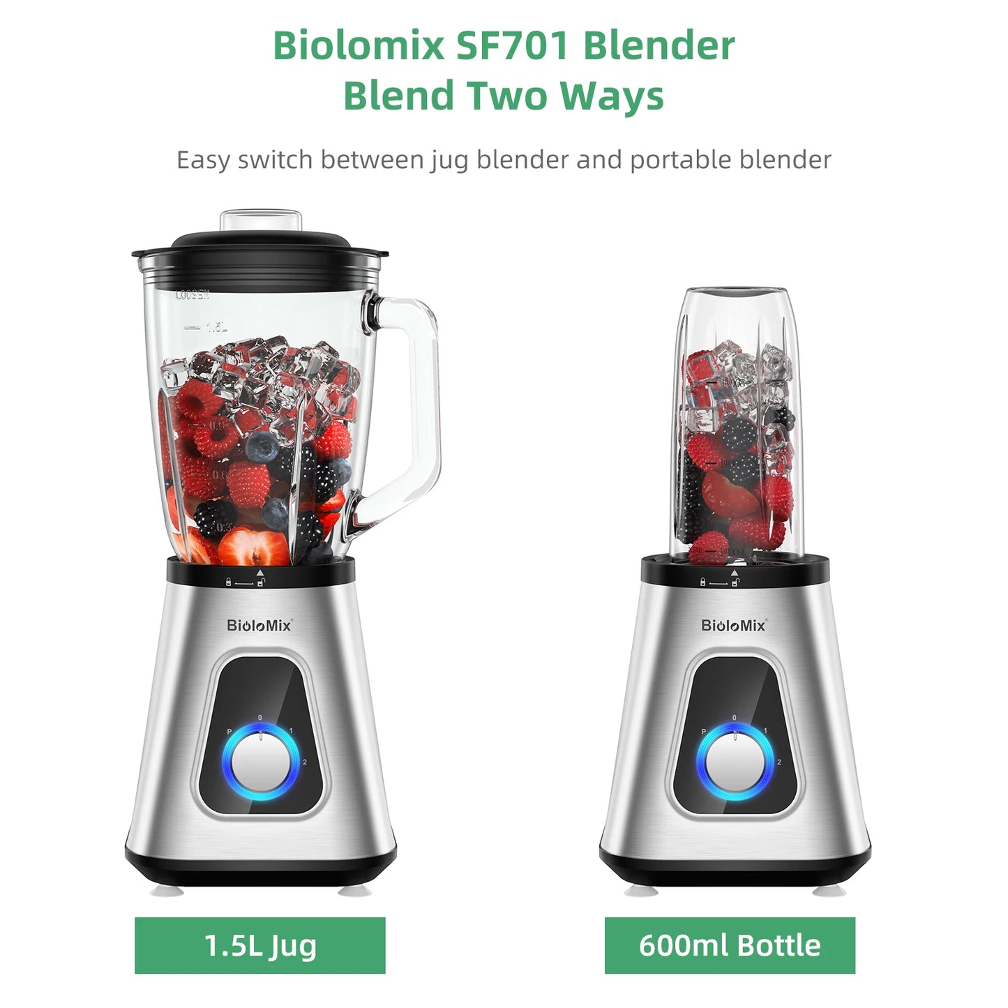 BioloMix 1300W Smoothie Blender with 1.5L Glass Jar, Personal Blenders Combo for Frozen Fruit Drinks, Sauces