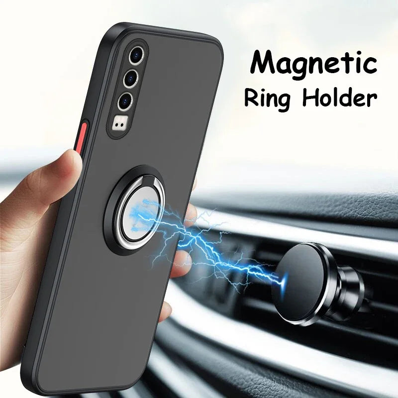 Car Magnetic Ring Holder Phone Case For Huawei P20 P30 P40 P50 Mate 20 30 40 50 Pro TPU Bumper Matte Plastic Back Cover