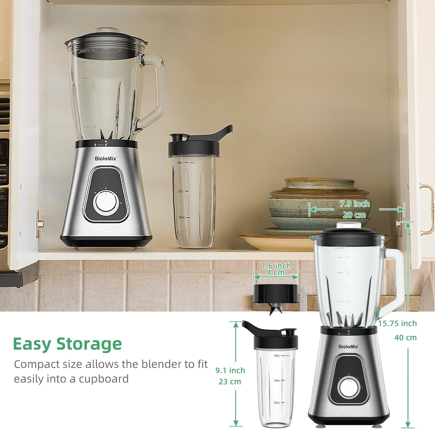 BioloMix 1300W Smoothie Blender with 1.5L Glass Jar, Personal Blenders Combo for Frozen Fruit Drinks, Sauces