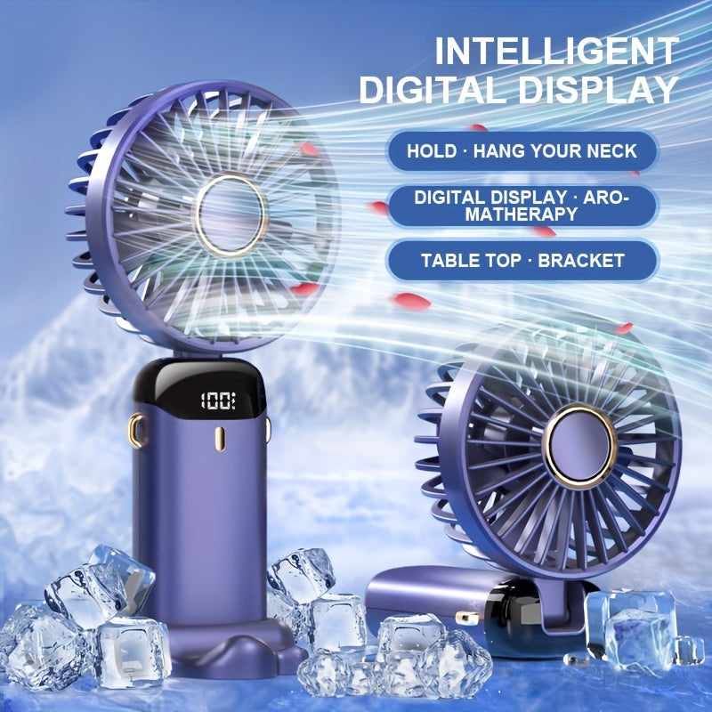 Portable Mini Fan, USB Rechargeable Handheld Fan, 90° Folding Desktop Air Circulator With Digital Battery Display And Aromatherapy Holder, Street Style, For Men, Women, Students
