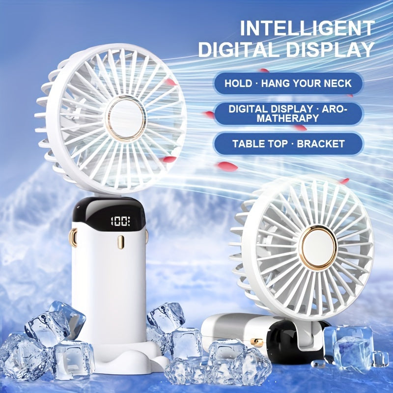 Portable Mini Fan, USB Rechargeable Handheld Fan, 90° Folding Desktop Air Circulator With Digital Battery Display And Aromatherapy Holder, Street Style, For Men, Women, Students