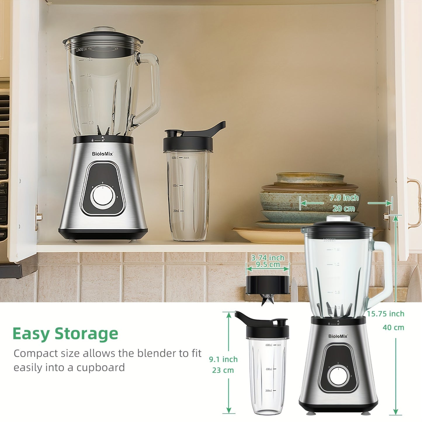 1300W Smoothie Blender With 1.5L Glass Jar And 600ml BPA FREE Plastic Bottle, Lid & Blades, Personal Blenders Combo For Frozen Fruit Drinks, Sauces