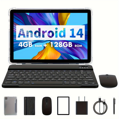 Tablet 10.1-inch Android 13 Operating System Tablet, 2-in-1 Tablet, With Keyboard, Mouse, Protective Case, Stylus, 128GB ROM + (4GB + 4GB Expansion).