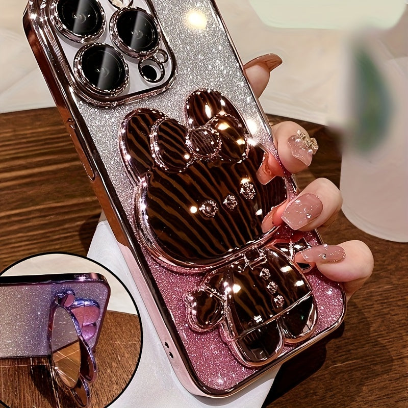 1 deluxe electroplated case for Apple iPhone 15/14/13/12/11Pro max, romantic - Cute bunny phone holder and hidden holder - shockproof ultra-thin protection, Easter - Valentine's Day gift