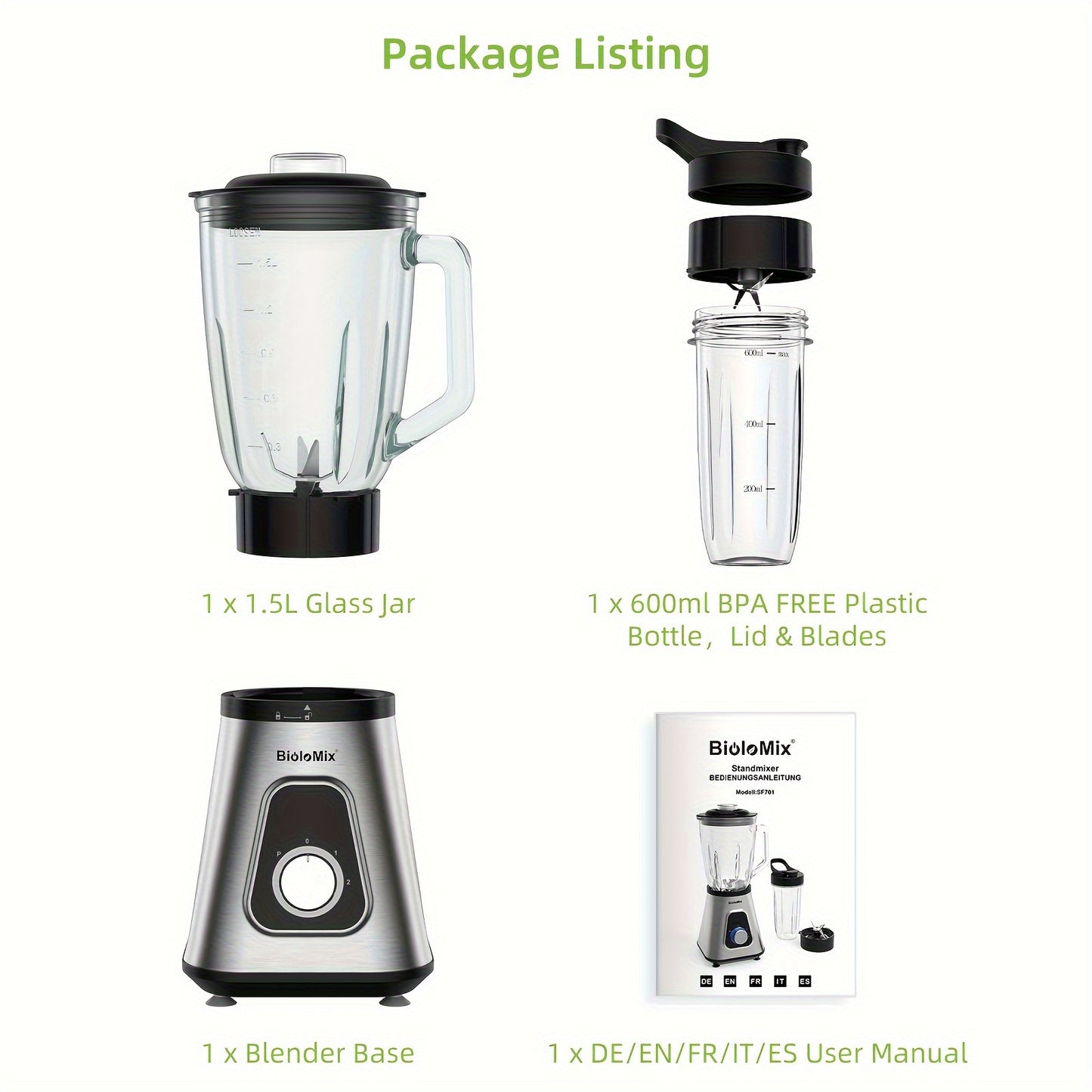 1300W Smoothie Blender With 1.5L Glass Jar And 600ml BPA FREE Plastic Bottle, Lid &amp; Blades, Personal Blenders Combo For Frozen Fruit Drinks, Sauces