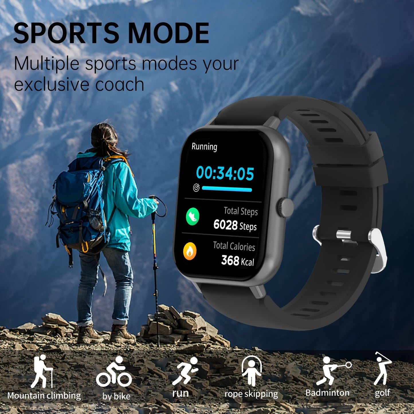 Smartwatch With 4.65cm Full Touch Screen, Text &amp; Call Functions, 100+ Sports Modes, Pedometer, Calorie Counter, Waterproof, Compatible With Android &amp; IOS