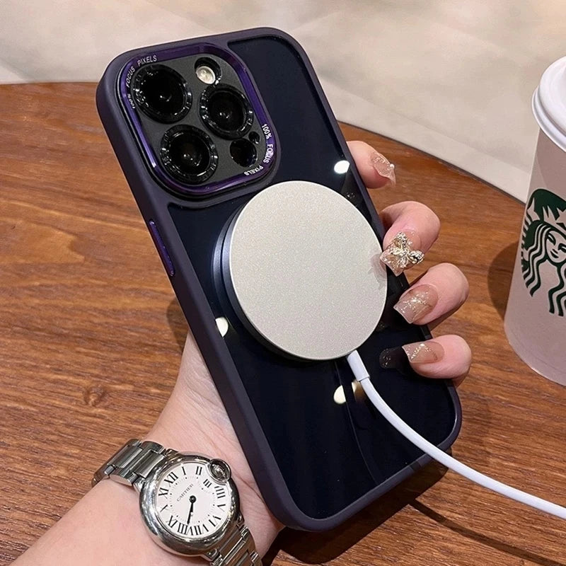 Luxury Magnetic Metal Lens Bumper Protection Case For iPhone 15 14 13 12 11 Pro Max Plus Wireless Charge Hard Back Clear Cover