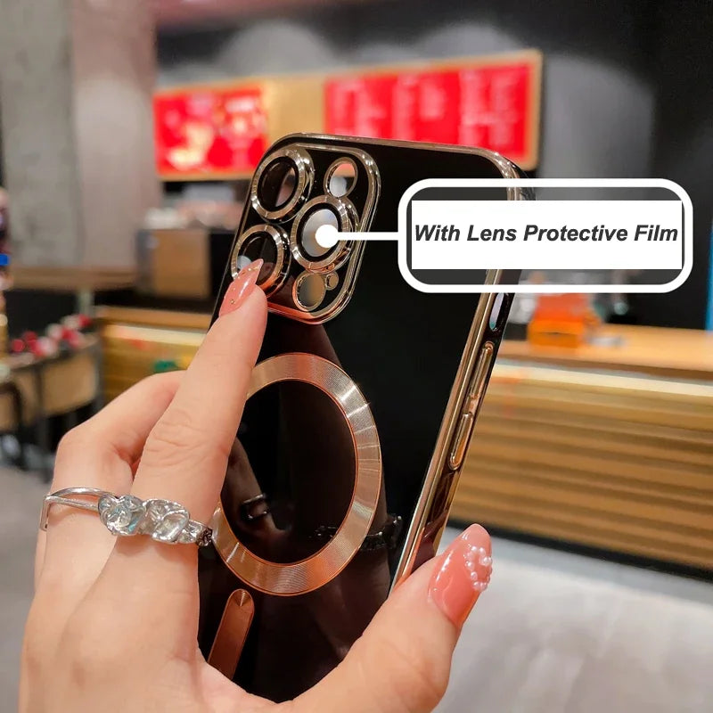 Luxury Electroplated For Magnetic Wireless Charging Case For iPhone 15 14 13 12 11 Pro Max Plus With Camera Lens Protecto Cover