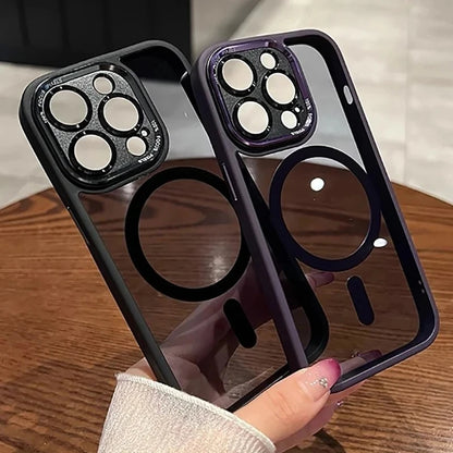 Luxury Magnetic Metal Lens Bumper Protection Case For iPhone 15 14 13 12 11 Pro Max Plus Wireless Charge Hard Back Clear Cover