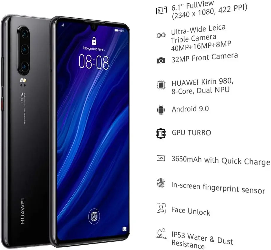 HUAWEI-P30 Leica Triple Camera Smartphone, Android Cell Phone, 128 GB, 6.1", 6GB RAM, EMUI 9.1.0, New, Original