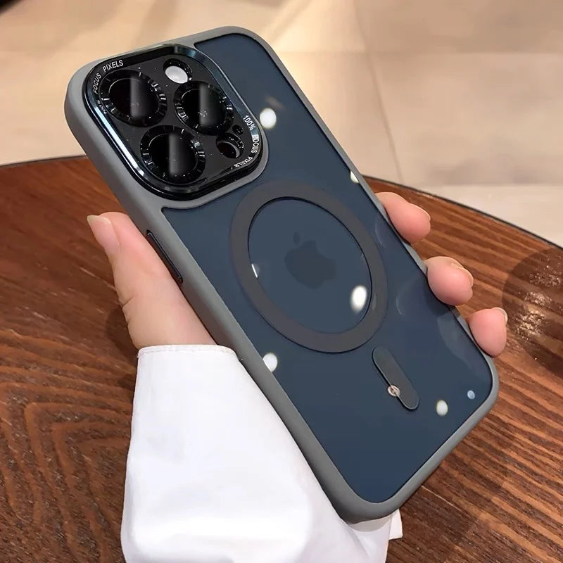 Luxury Magnetic Metal Lens Bumper Protection Case For iPhone 15 14 13 12 11 Pro Max Plus Wireless Charge Hard Back Clear Cover