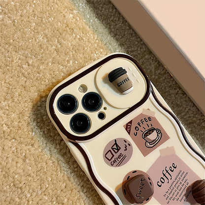 Korean Cute 3D Coffee Push-Pull Camera Protection Phone Case For iPhone 11 12 13 14 15 Pro Max 14 15 Plus XR XS Max Soft Cover