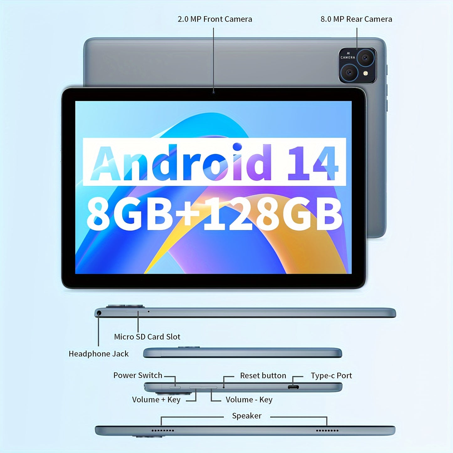 Tablet 10.1-inch Android 13 Operating System Tablet, 2-in-1 Tablet, With Keyboard, Mouse, Protective Case, Stylus, 128GB ROM + (4GB + 4GB Expansion).