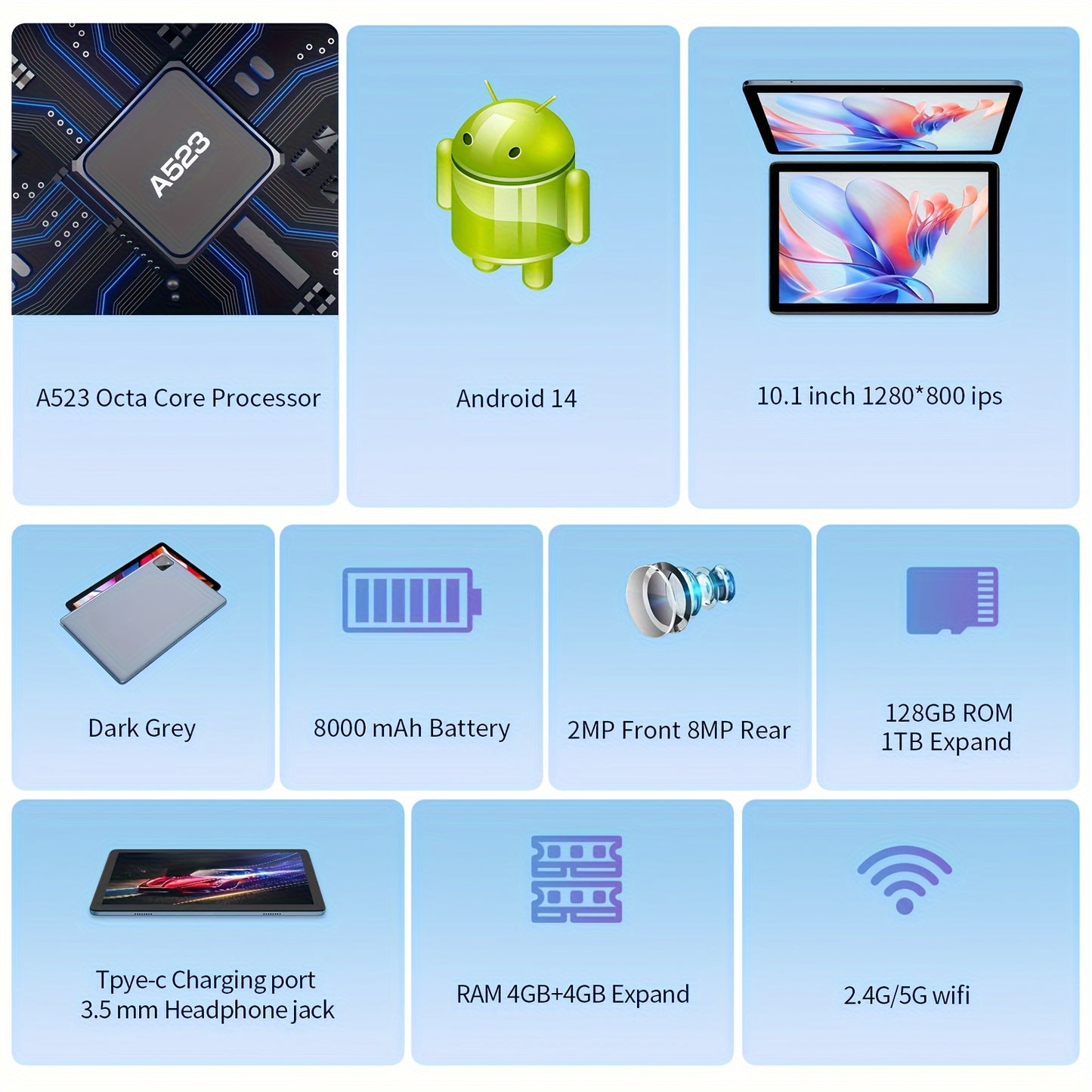 Tablet 10.1-inch Android 13 Operating System Tablet, 2-in-1 Tablet, With Keyboard, Mouse, Protective Case, Stylus, 128GB ROM + (4GB + 4GB Expansion).